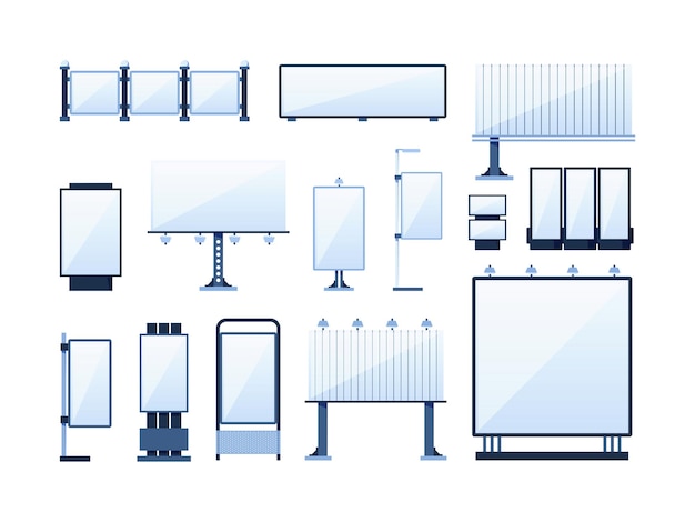 Miejskie Billboardy Outdoor City Miejsce Na Banery Różne Tablice Reklamowe Szablony Wektor Krzykliwe Płaskie Zdjęcia Na Białym Tle
