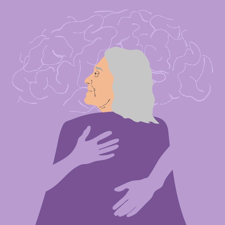 Wektor miesiąc świadomości o chorobie alzheimera czerwiec fioletowy uścisk ilustracja starszych