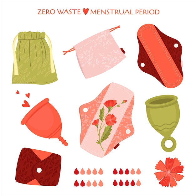 Miesiączka bez odpadów. płaski zestaw z produktami ekologicznymi - wkładki menstruacyjne wielokrotnego użytku, kubeczek, woreczki do recyklingu bawełny.