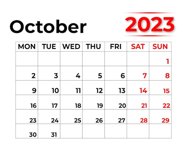 Miesięczny Kalendarz 2023 Na Październik Z Bardzo Czystym Wyglądem