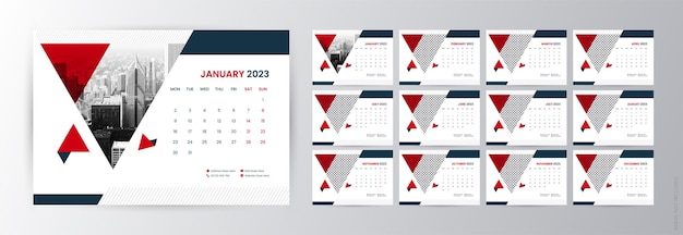 Miesięczny Kalendarz Biurkowy Na Rok 2023 Szablon Wektor Wzór, Tydzień Rozpoczyna Się W Poniedziałek
