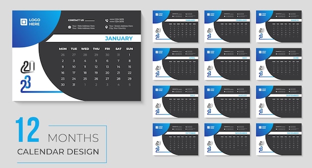 Plik wektorowy miesięczny projekt kalendarza biurkowego 2023
