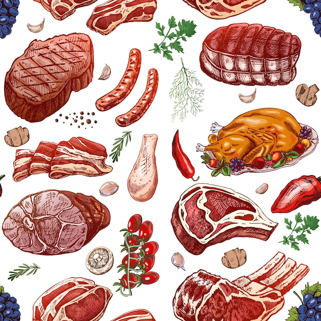 Mięso I Warzywa Bezszwodowe Wzory W Grawerowanym Kolorowym Stylu Barbecue Kawałki Mięsa