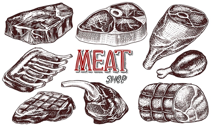 Wektor mięso wołowe, stek wieprzowy, udko z kurczaka, boczek i żeberka, dania z grilla w stylu vintage. szablony dla emblematów lub odznak menu restauracji. szkic rysowany ręcznie