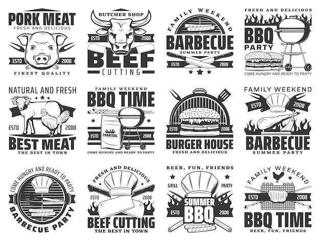 Mięso z grilla bbq ikony zestaw znaków wektorowych na białym tle
