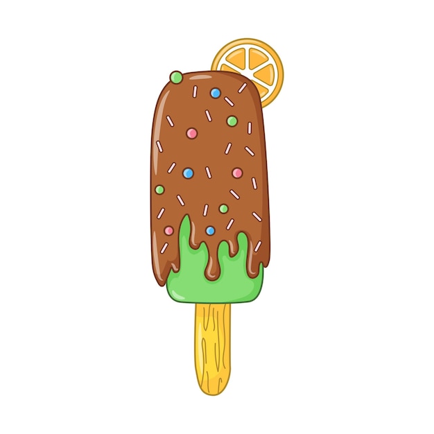 Miętowy Popsicle Na Patyku Z Plasterkiem Cytrusowej Glazury Czekoladowej I Posypki Nabiał Zimny Deser Sezonowe Słodkie Jedzenie Kolorowe Doodle Ręcznie Rysowane Wektor Ilustracja Na Białym Tle Stylu Cartoon