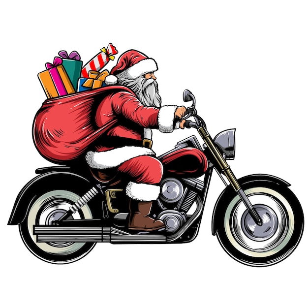 Mikołaj dostarcza prezenty, jeździ motocyklem.