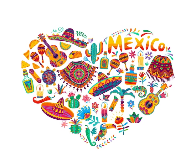 Miłość Meksyku W Kształcie Serca Z Instrumentami Muzycznymi Mariachi Sombrero Poncho Kaktus I Kwiaty Meksykańskie święta Wektorowy Wzór Gitary Kreskówkowej Maracas Tequila I Tex Mex Jedzenie Chili I Taco