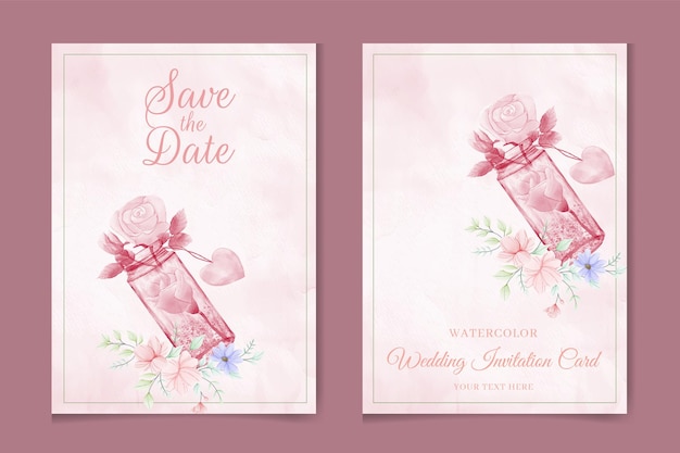 Plik wektorowy miłość wiadomość butelka piękny zestaw kart zaproszenie na ślub akwarelowy