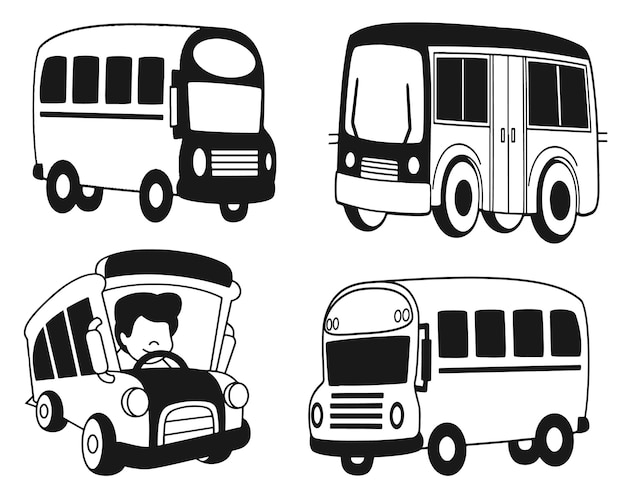 Mini Autobus Szkolny Linia Sztuki Ilustracji Wektory Sylwetki