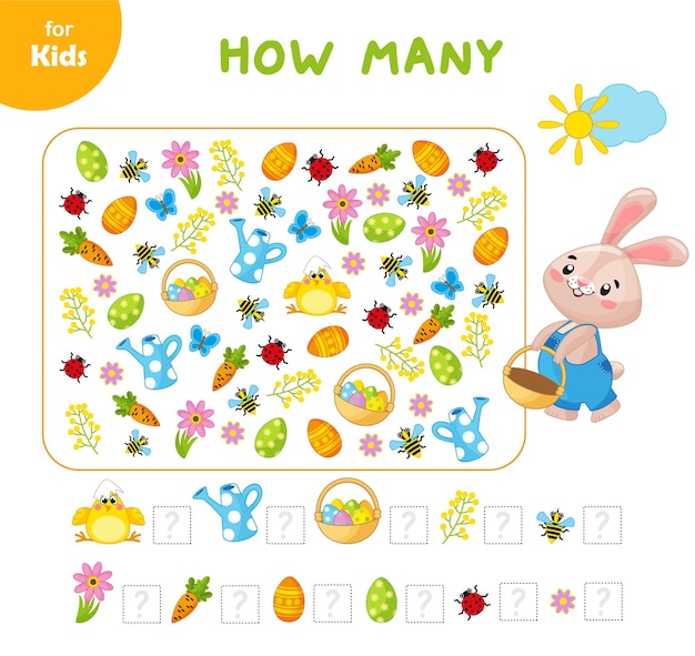 Mini gra dla dzieci Pomóż królikowi znaleźć i policzyć te same obrazki wielkanocne