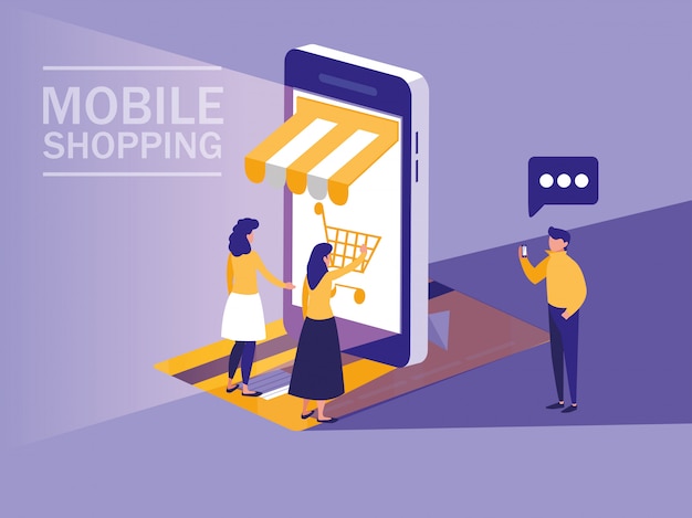 Mini ludzie ze smartfonem i zakupy online