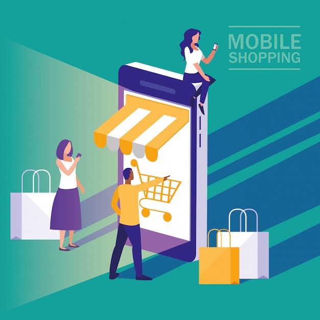 Mini ludzie ze smartfonem i zakupy online