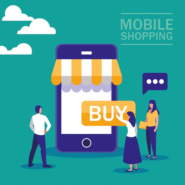 Mini ludzie ze smartfonem i zakupy online
