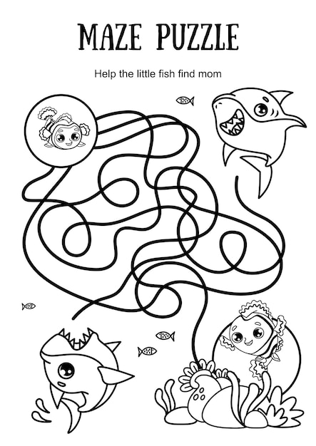 Minigame dla dzieci Maze Pomóż rybie Nemo dotrzeć do domu Czarno-biała ilustracja