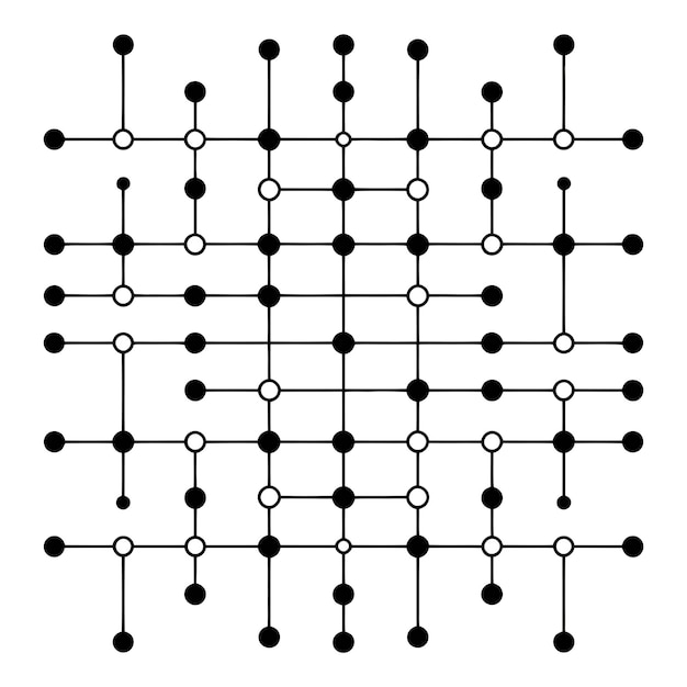 Minimal abstract geometric network pattern with black lines and circular nodes on a light background representing technology data connections structure logic and modern digital systems