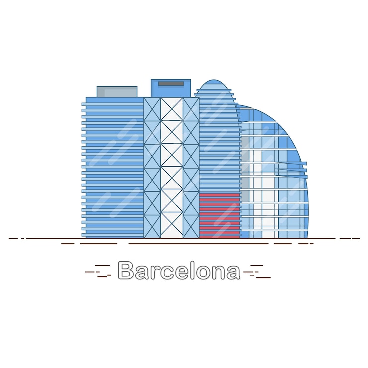 Wektor minimal modern linear skyline barcelony - zarys budynków miejskich, ilustracja liniowa, punkt orientacyjny podróży