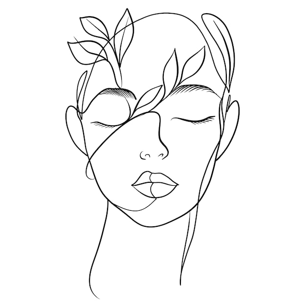 minimalistyczna ilustracja artystyczna spokojnej twarzy ozdobionej liśćmi symbolizującymi naturę