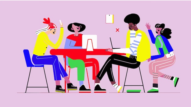 Minimalistyczna ilustracja wektorowa zespołu tworzącego cyfrową aplikację komputerową 3 osoby