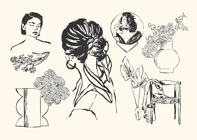 Minimalistyczna kolekcja z wektorową sylwetką kobiety i ilustracjami botanicznymi podkreślającymi tożsamość marki