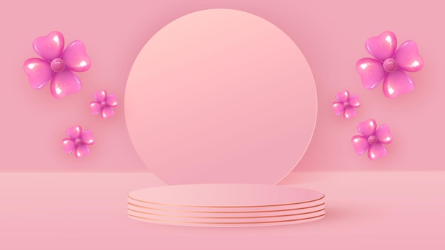 Minimalistyczna Scena Z Różowym Cylindrycznym Podium, Okrągłą Ramą I Kwiatami Z Balonów. Scena Pokazu Produktu Kosmetycznego, Gablota. Wektor