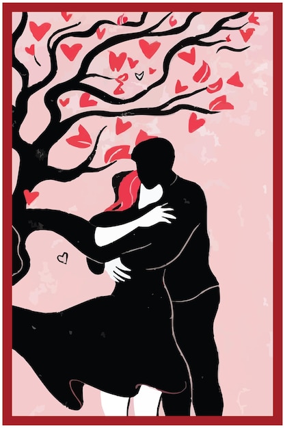 Plik wektorowy minimalistyczna sztuka mężczyzny i kobiety uściskających się pod drzewem niestandardowa ilustracja wektorowa