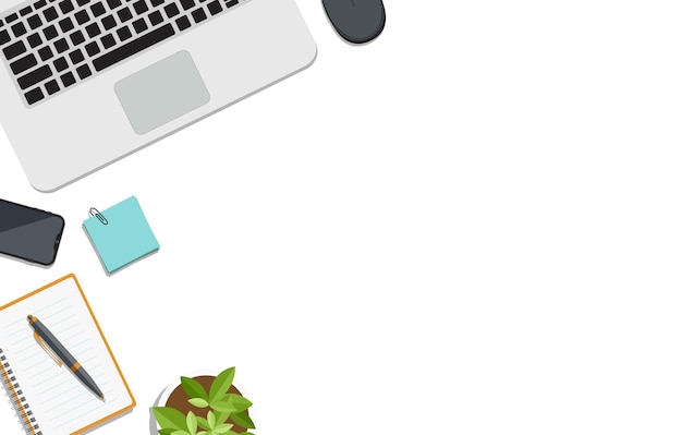 Minimalistyczne miejsce pracy / biurko z laptopem, notatnikiem, papeterią i kwiatem na białym tle - widok z góry, copyspace. Układ, puste miejsce