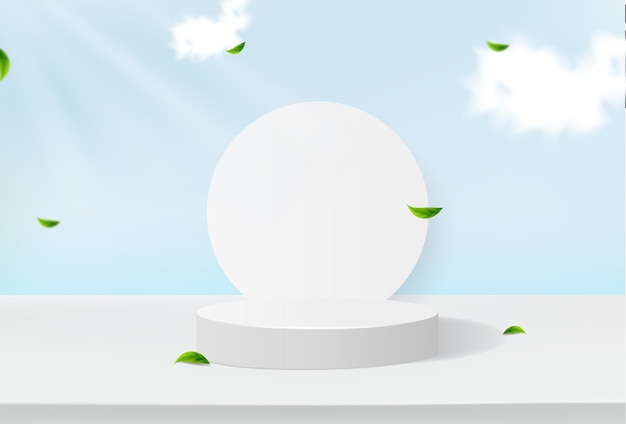 Minimalistyczne podium z geometrycznymi kształtami oraz widokiem nieba i liści