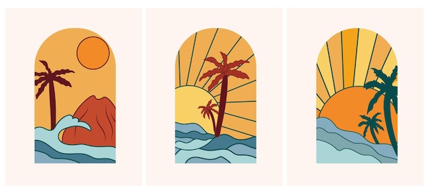 Minimalistyczny Plakat Zachód Słońca Przedstawiający Morze Z Palmą. Ustaw Vintage Wschód Słońca, Idealny Do Ikony I Symboli.