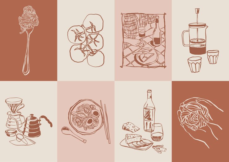 Wektor minimalistyczny ręcznie narysowany zestaw ilustracji wektorowych żywności i napojów dla plakatów drukowanych lub galerii sztuki ściennej