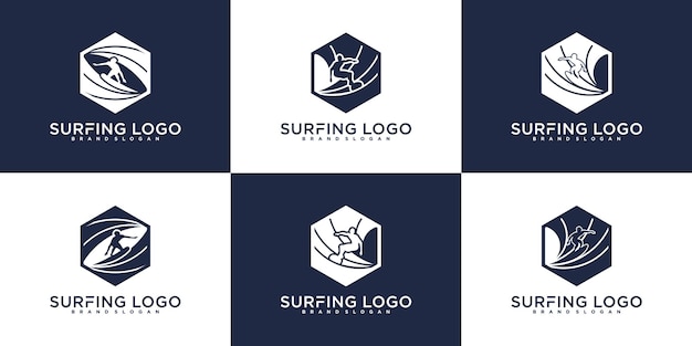 Minimalistyczny Szablon Projektu Logo Surfingu W Kształt Sześciokąta Premium Wektorów