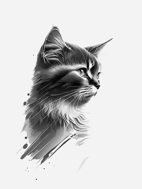 Minimalistyczny, żywy, chromowo-grafitowy rysunek przedstawiający kota