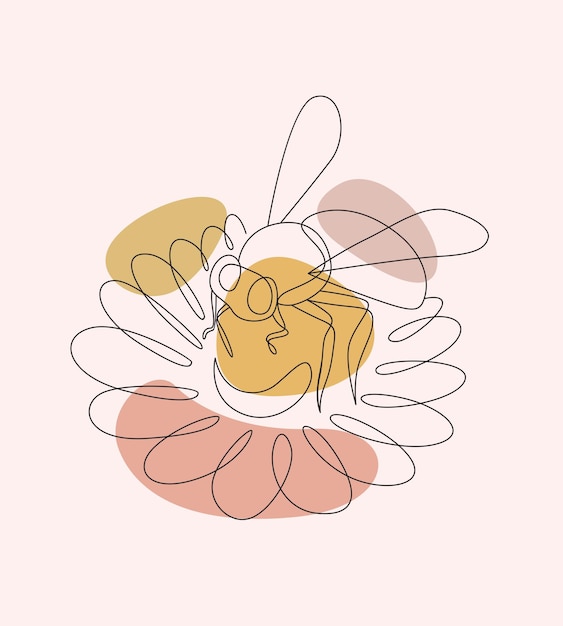 Minimalna Ręcznie Rysowana Ilustracja Kwiatów I Pszczół W Jednym Stylu Linii