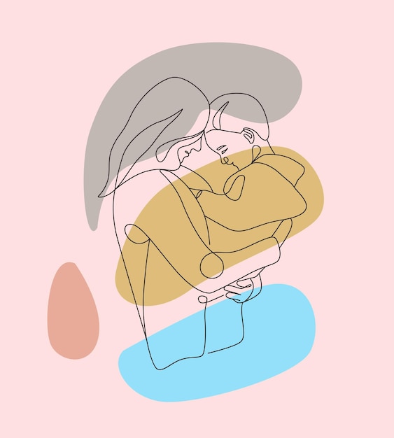 Minimalna Ręcznie Rysowana Ilustracja Matki I Dziecka W Jednym Stylu Linii Na Dzień Matki