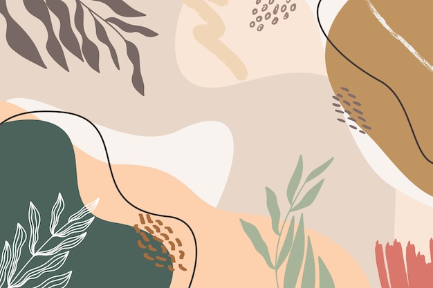 Minimalne abstrakcyjne tło z ziemskimi tonami i ilustracjami botanicznymi