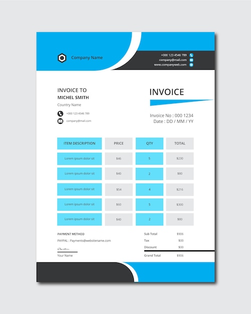 Minimalny Projekt Szablonu Faktury W Kolorze Niebieskim I Czarnym
