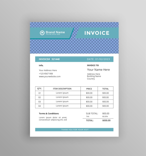 Minimalny projekt szablonu faktury w kolorze zielonkawo-niebieskim