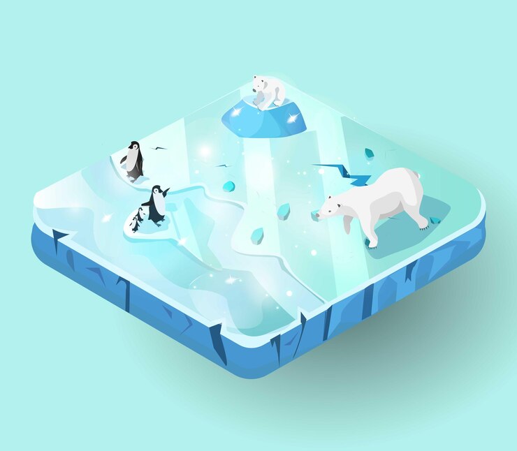 Miniworld of Ice Island lub kawałek ziemi widok izometryczny