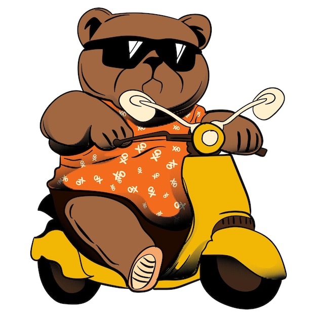 Miś Chubby Groovy Funky Retro w uroczej koszulce i okularach przeciwsłonecznych na skuterze