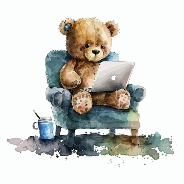 Miś siedzi na krześle z laptopem w stylu 3d Izolowana ilustracja wektora