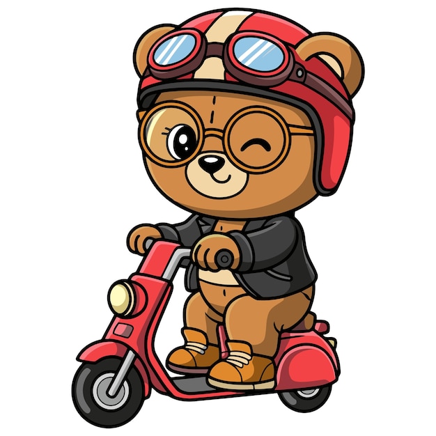 Miś Teddy jeździ na czerwonym skuterze z hełmem i okularami