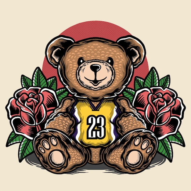 Miś Ubrany W Koszulkę Lakers I Róże Tło Ilustracji