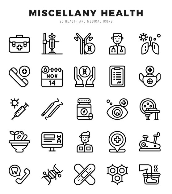 Miscellany Health Zbiór Ikon Liniowych 25 Zestawów Ikon Ilustracja Wektorowa