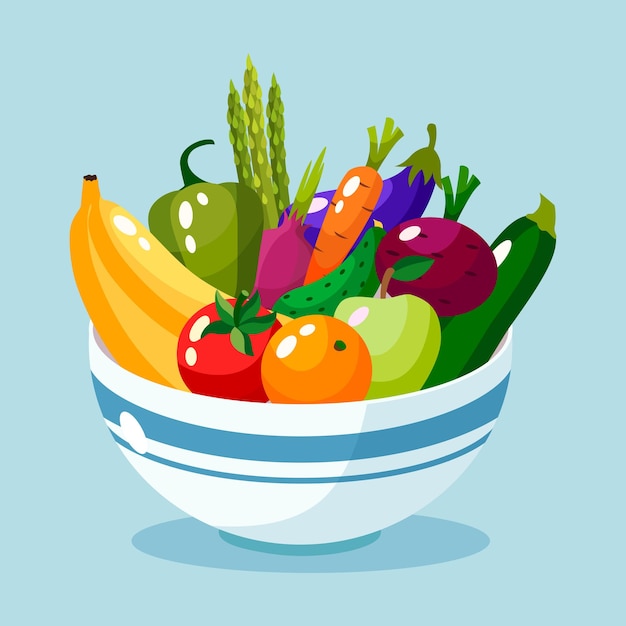 Plik wektorowy miska pełna ilustracji warzyw i owoców.
