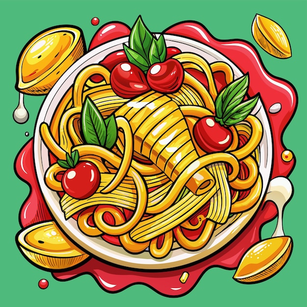 Plik wektorowy miska spaghetti z pomidorami i cytryną