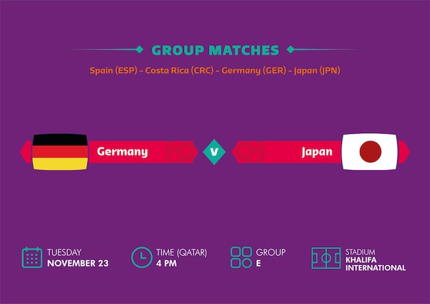 Plik wektorowy mistrzostwa świata w piłce nożnej, katar 2022. harmonogram meczów niemcy vs japonia z flagami. mistrzostwa świata.