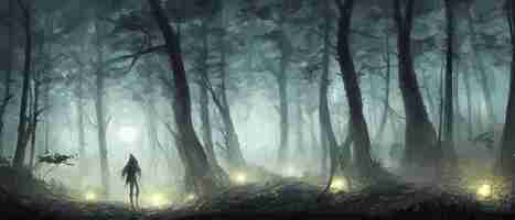 Plik wektorowy misty las ciemne drzewo sylwetka drzewa sztuczki w niebieskiej mgle mgła w nocnym lesie wektor