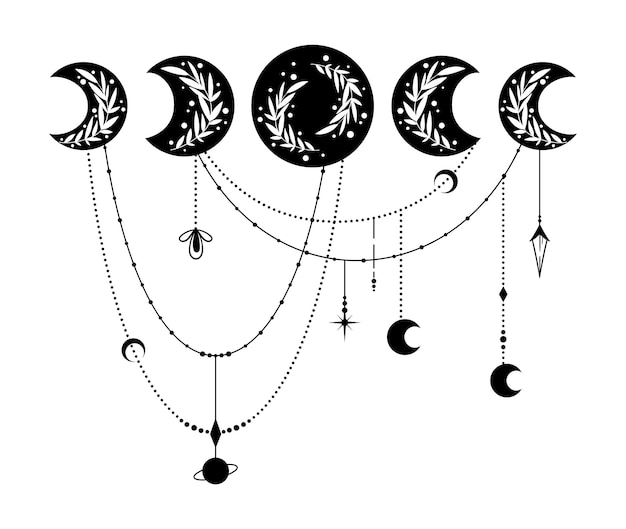 Mistyczne fazy księżyca boho izolowany klipart na białym wektorze kompozycji niebiańskiego magicznego księżyca