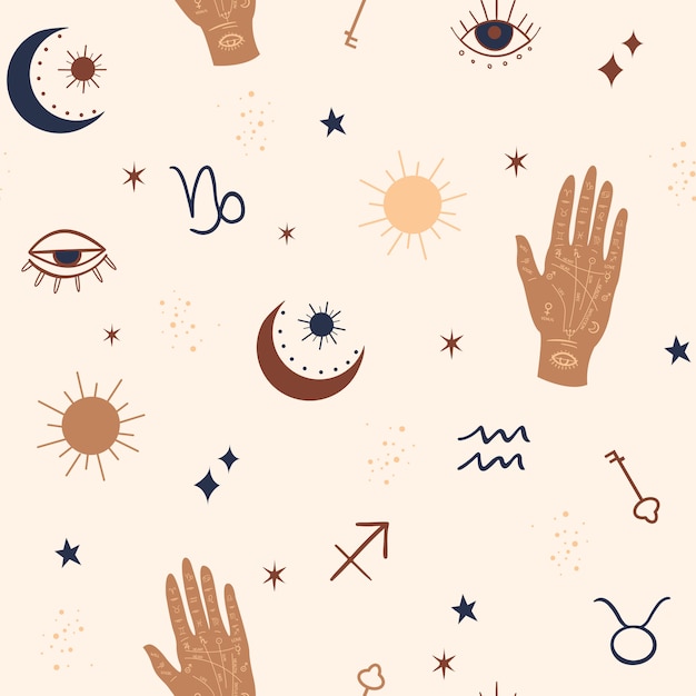Mistyczne i niebiańskie wzór z elementami oczy, gwiazdy, dłoni i zodiaku.