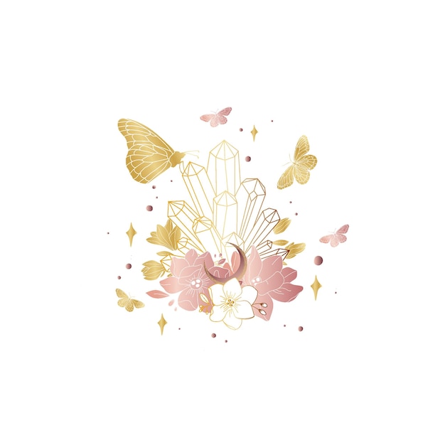 Plik wektorowy mistyczne kryształy, motyle i kwiaty złota ilustracja
